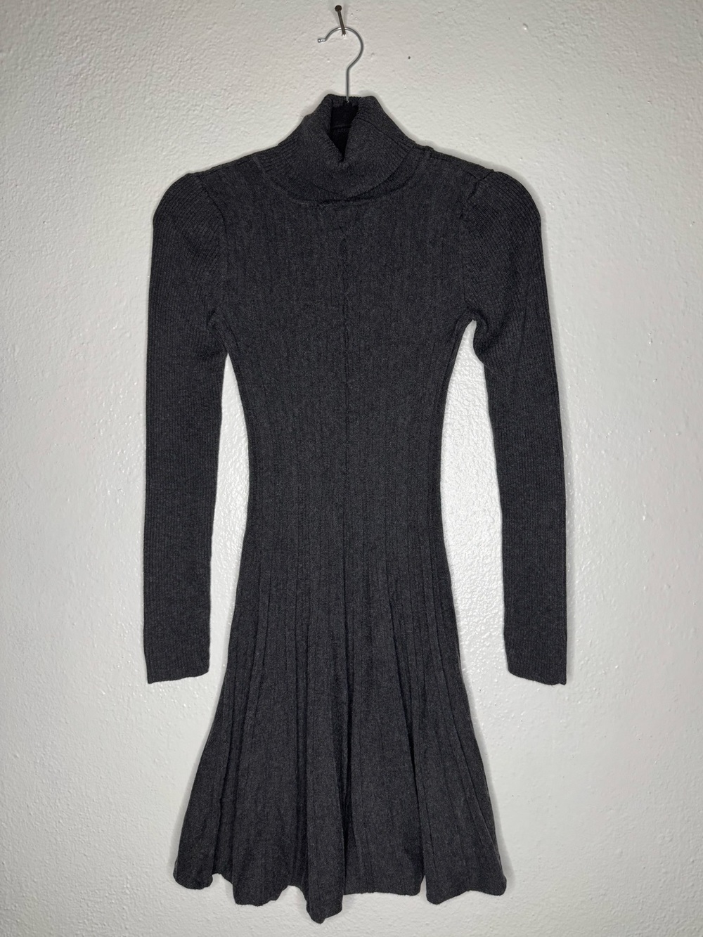 Gray Ribbed Knit Turtleneck Long-Sleeve Sweater Coquette Flare Skater Dress Sz S